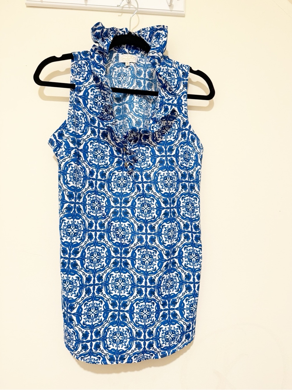 Mud Pie Blue Patterned Ruffle Collar Sleeveless Top